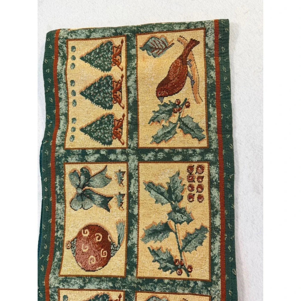 Christmas Woven Tapestry Table Runner Cardinal Holly Tree Green Red 12x 70